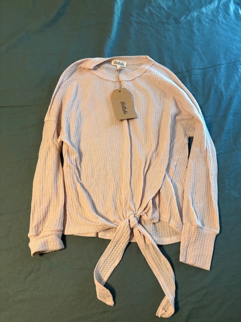Listicle Cream Tie-Front Waffle-Knit Long Sleeve Top
